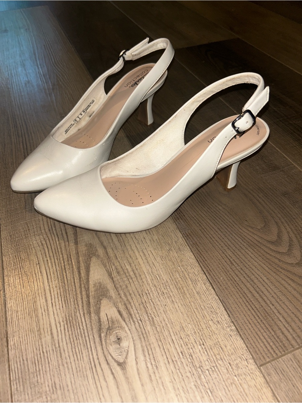 Clarks White Pointed-Toe Slingback Heels with Buckle